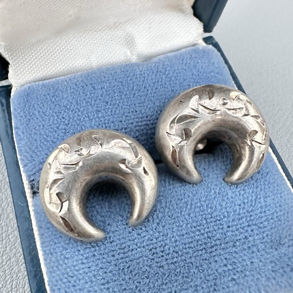 Sterling Silver Crescent Moon Lunette Puffy Earrings Screwback Vintage Etched